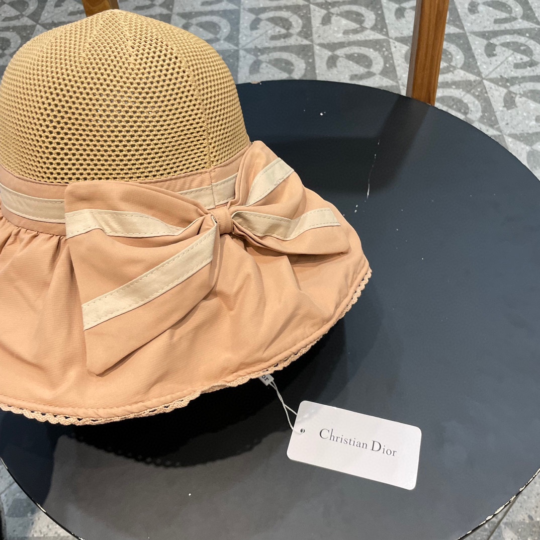 迪奥Dior夏季黑胶蝴蝶结遮阳帽女镂空草帽防紫外线大檐遮脸防晒太阳渔夫帽