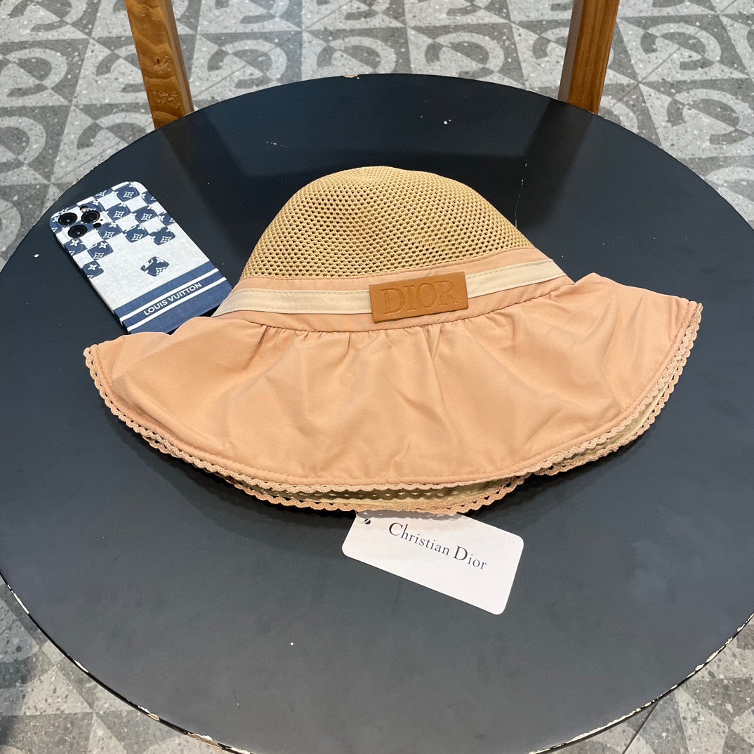 迪奥Dior夏季黑胶蝴蝶结遮阳帽女镂空草帽防紫外线大檐遮脸防晒太阳渔夫帽