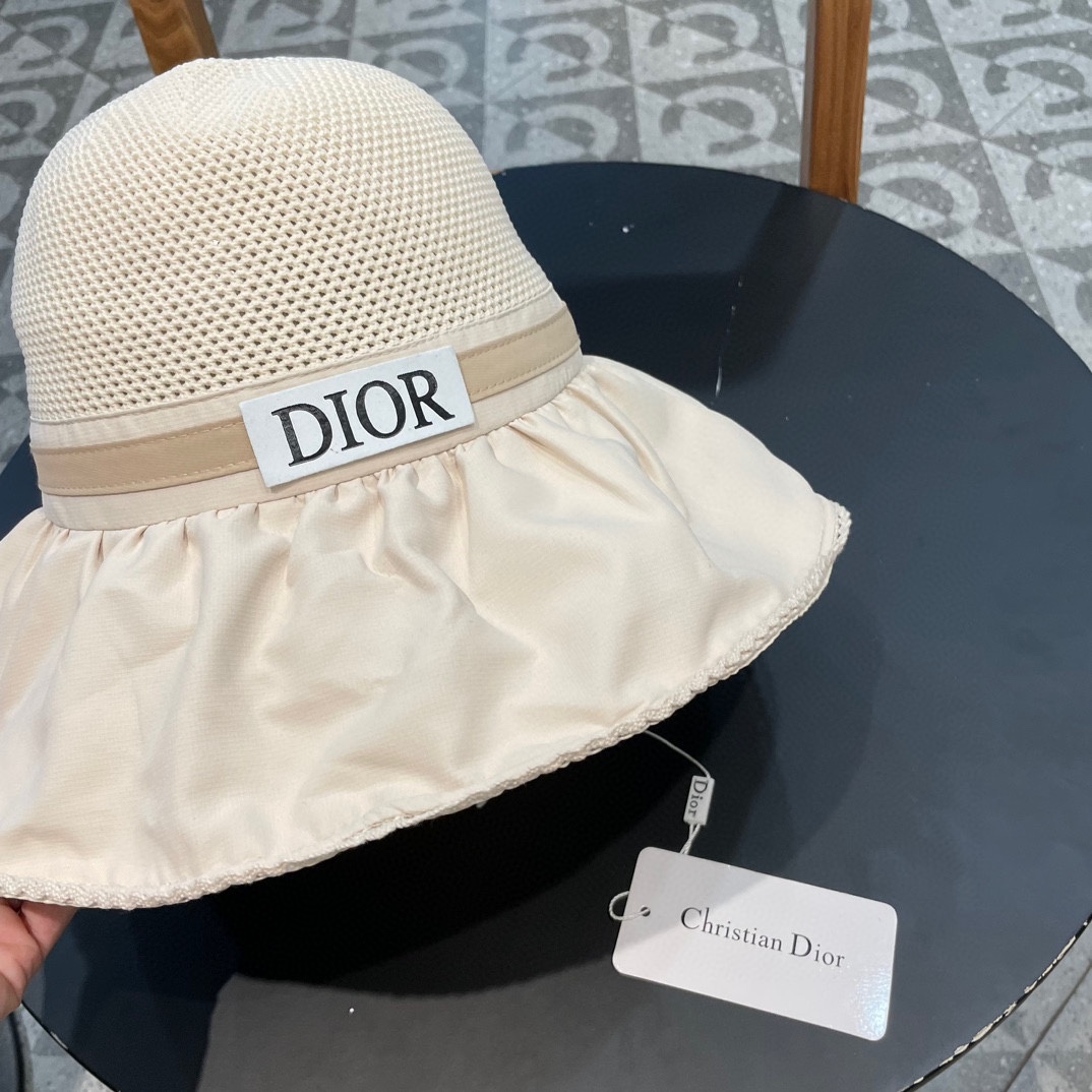 迪奥Dior夏季黑胶蝴蝶结遮阳帽女镂空草帽防紫外线大檐遮脸防晒太阳渔夫帽