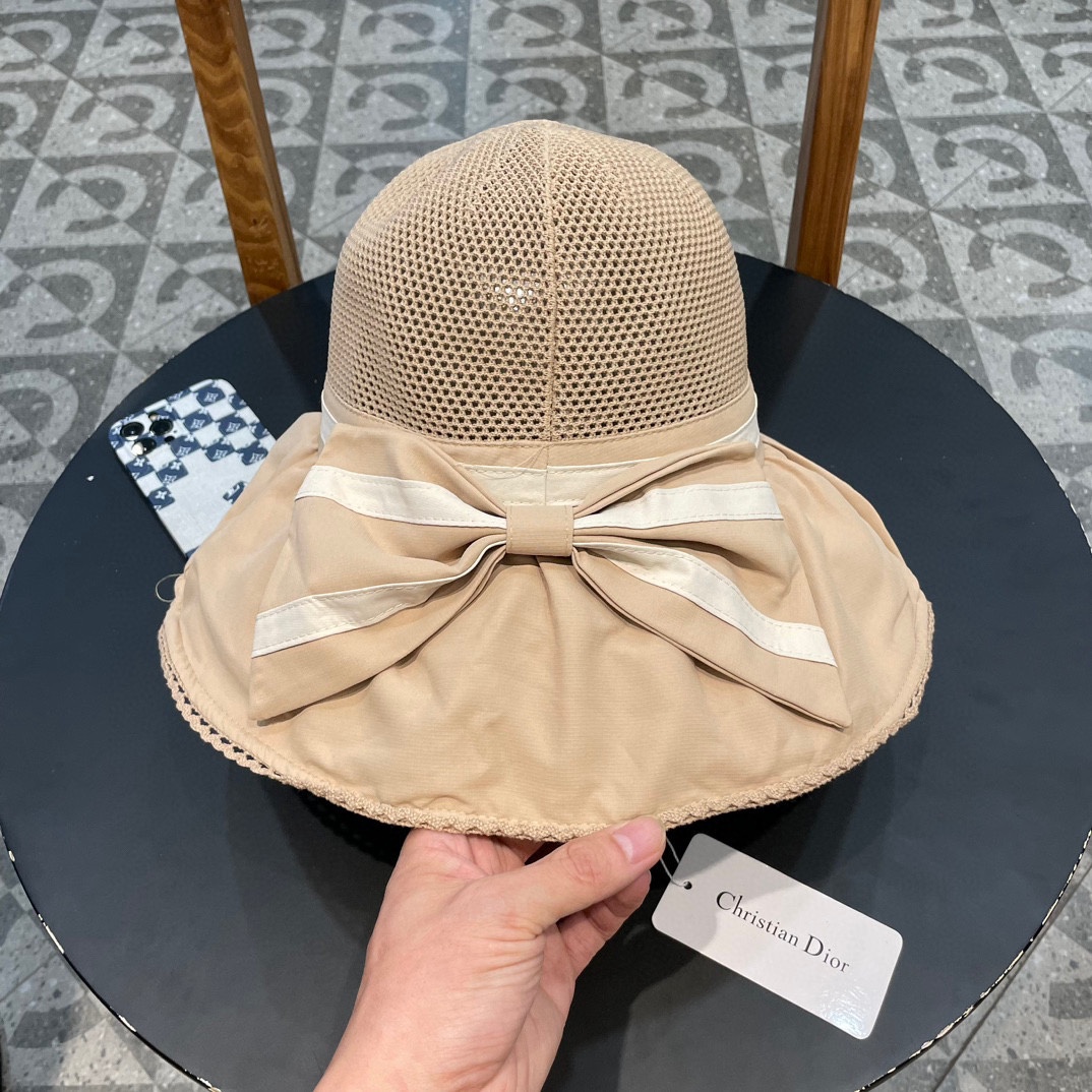 迪奥Dior夏季黑胶蝴蝶结遮阳帽女镂空草帽防紫外线大檐遮脸防晒太阳渔夫帽