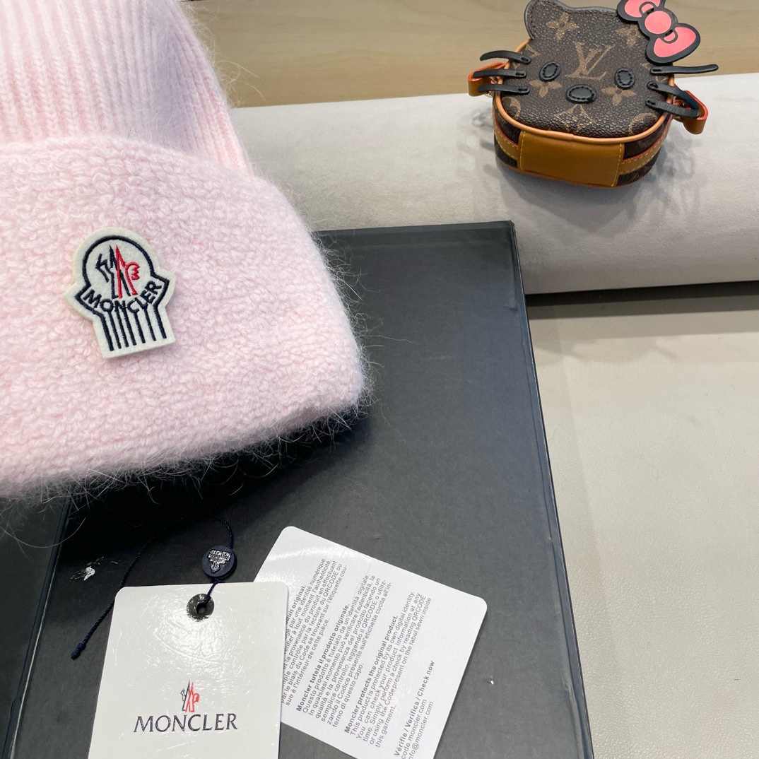 moncler圈圈纱兔毛针织帽春季新款帽子女柔软防寒保暖护耳月子帽子大头围