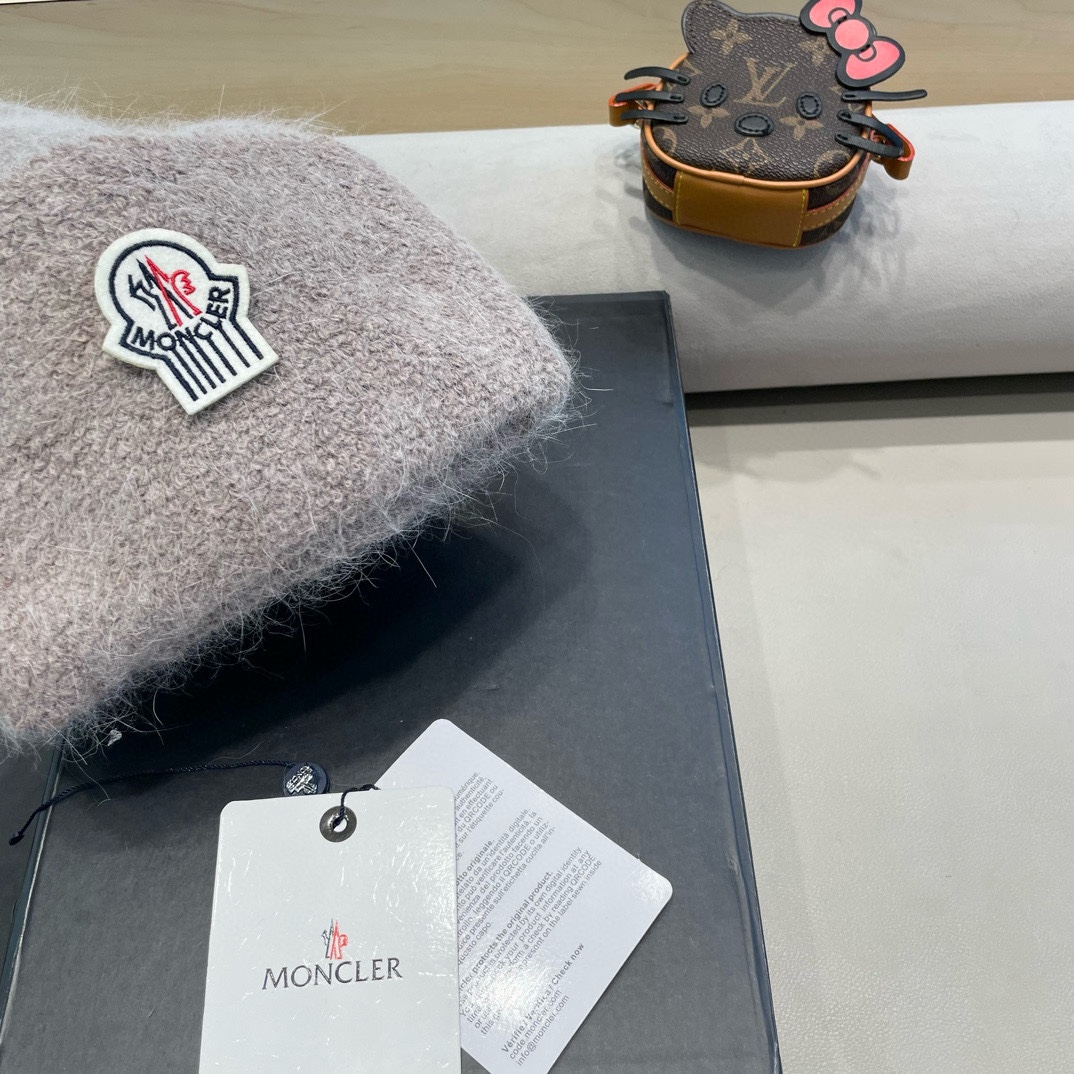 moncler圈圈纱兔毛针织帽春季新款帽子女柔软防寒保暖护耳月子帽子大头围