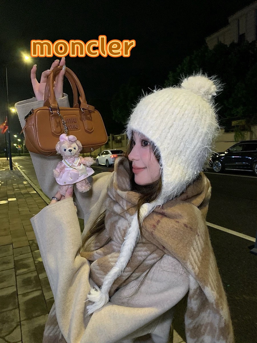 moncler秋冬仿貂毛保暖护耳针织帽女2024新款绑系包头帽甜美百搭毛绒帽