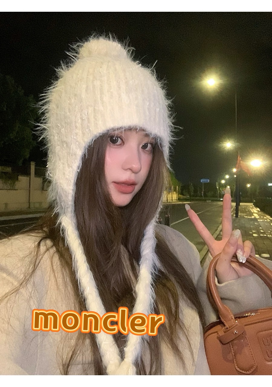 moncler秋冬仿貂毛保暖护耳针织帽女2024新款绑系包头帽甜美百搭毛绒帽