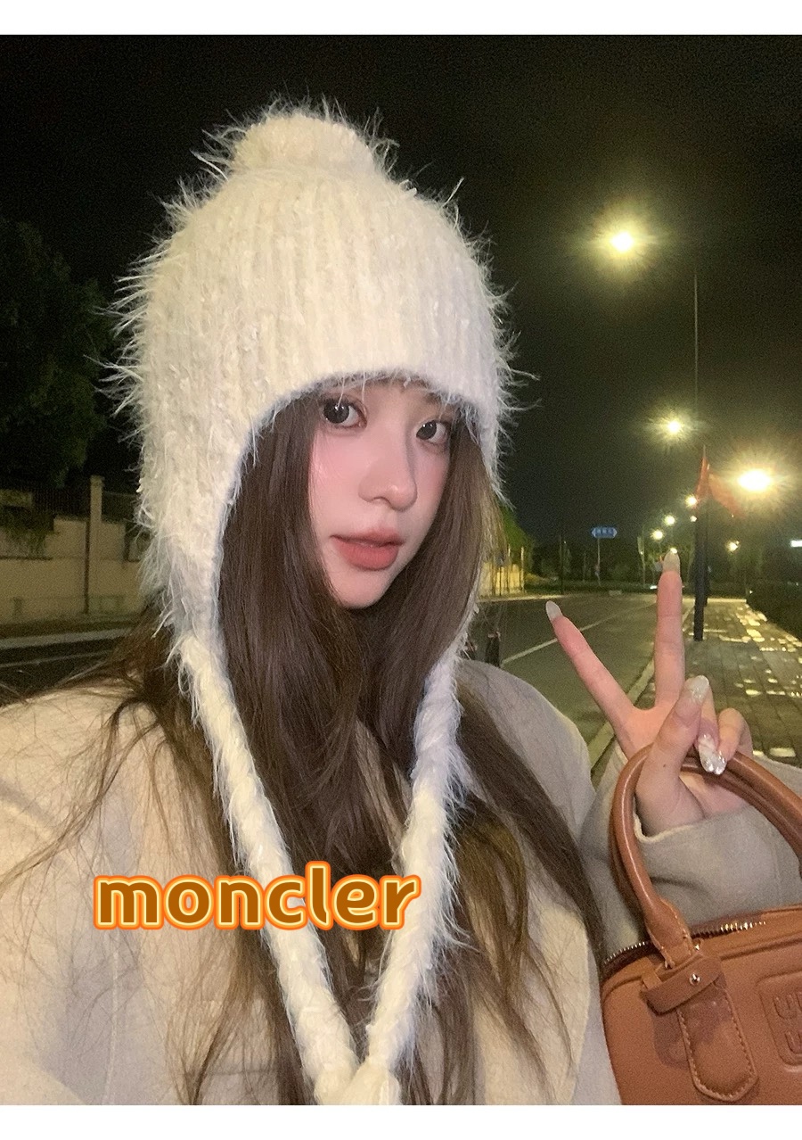 moncler秋冬仿貂毛保暖护耳针织帽女2024新款绑系包头帽甜美百搭毛绒帽