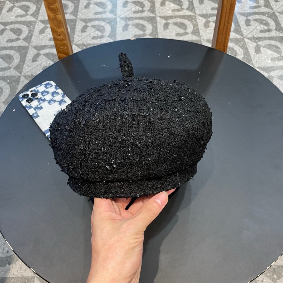 Chanel格子网红贝雷帽女百搭夏季薄款大头围复古帽子夏天画家八角帽黑色