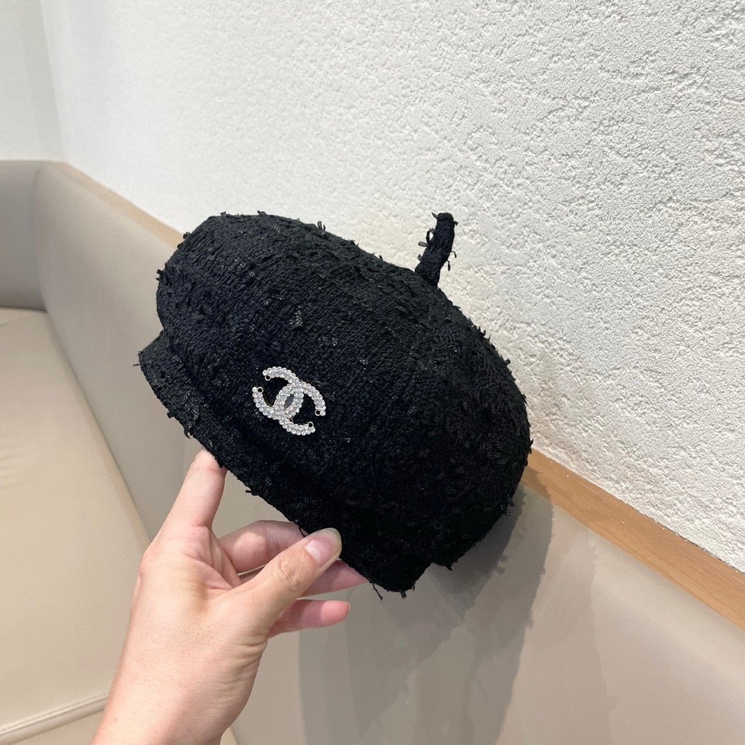 Chanel格子网红贝雷帽女百搭夏季薄款大头围复古帽子夏天画家八角帽黑色