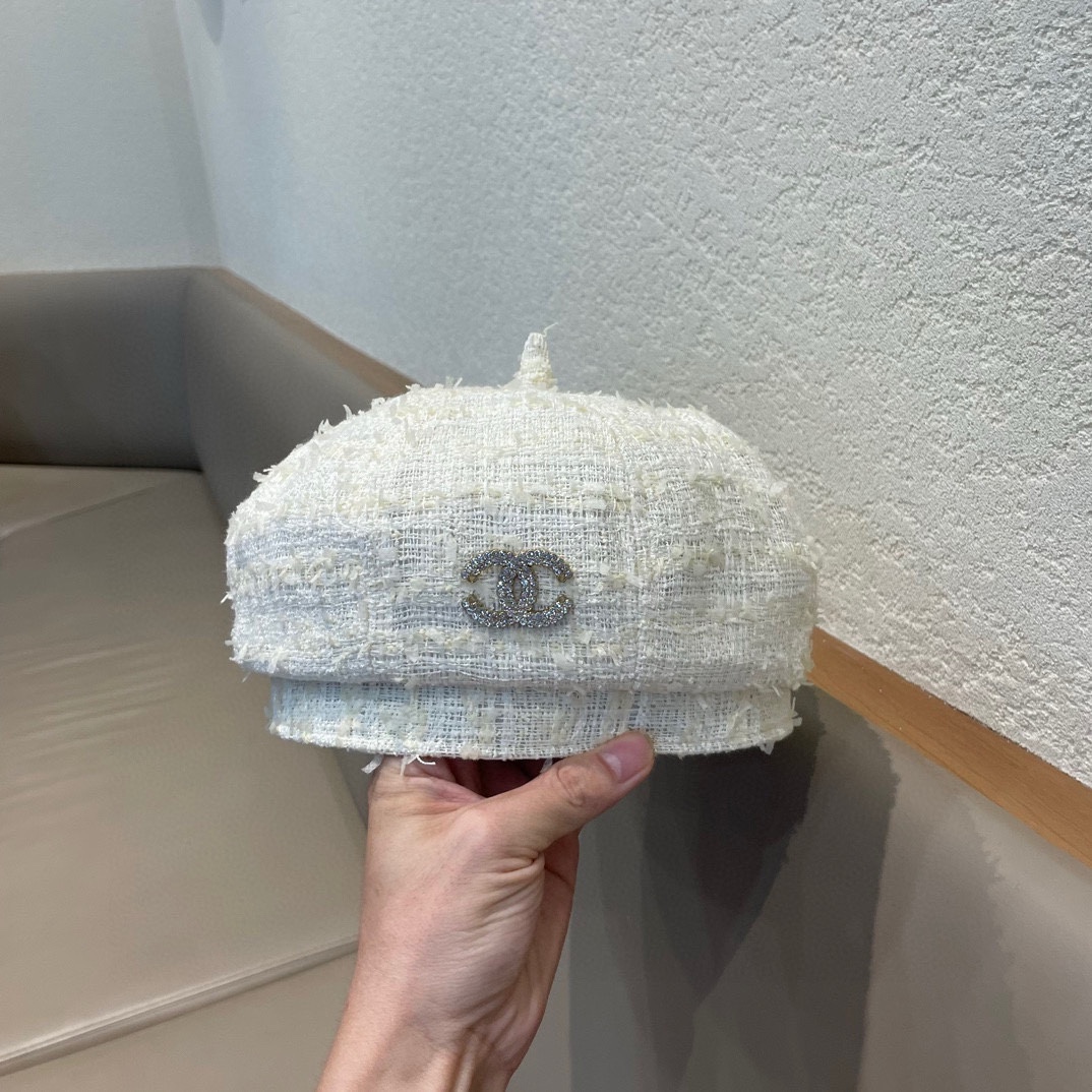 Chanel格子网红贝雷帽女百搭夏季薄款大头围复古帽子夏天画家八角帽黑色