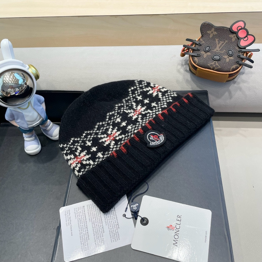   moncler2025新款提花毛线帽女秋冬保暖100%羊毛护耳大头围针织帽子显脸小