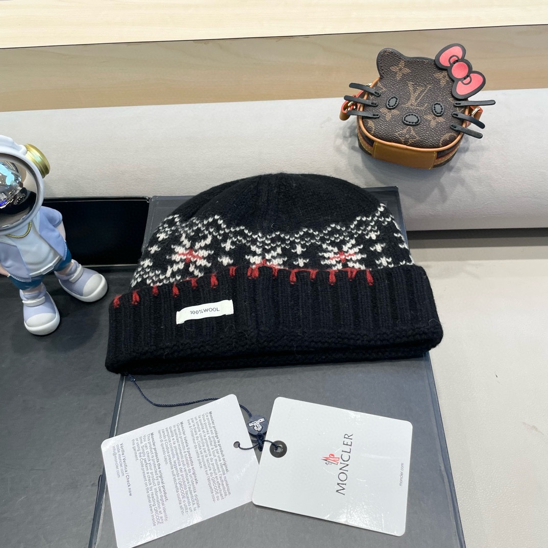   moncler2025新款提花毛线帽女秋冬保暖100%羊毛护耳大头围针织帽子显脸小