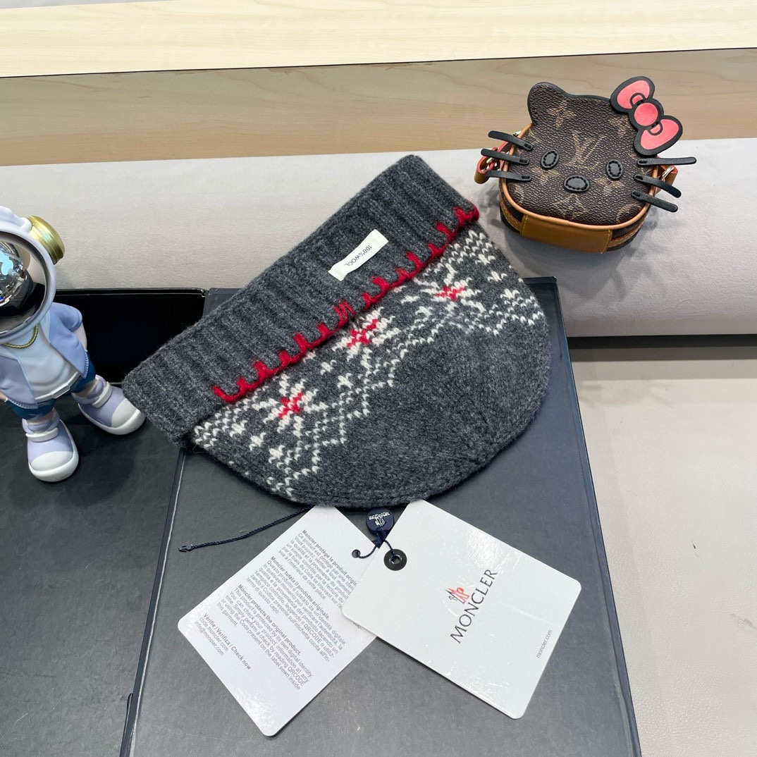   moncler2025新款提花毛线帽女秋冬保暖100%羊毛护耳大头围针织帽子显脸小