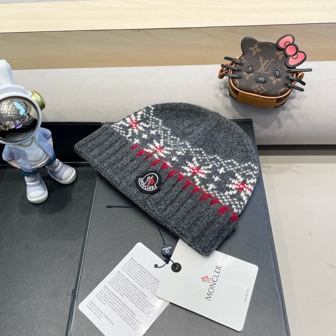   moncler2025新款提花毛线帽女秋冬保暖100%羊毛护耳大头围针织帽子显脸小