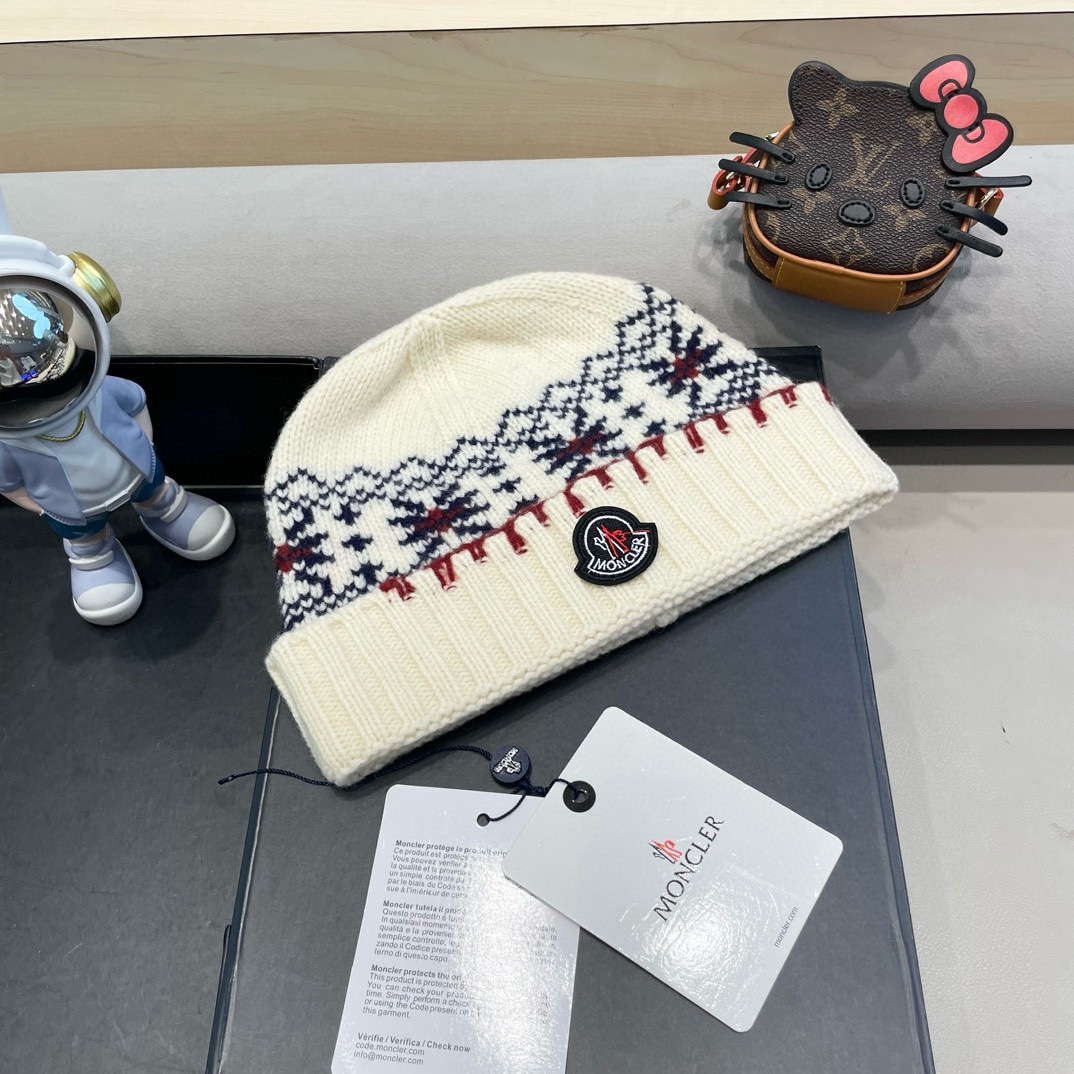   moncler2025新款提花毛线帽女秋冬保暖100%羊毛护耳大头围针织帽子显脸小