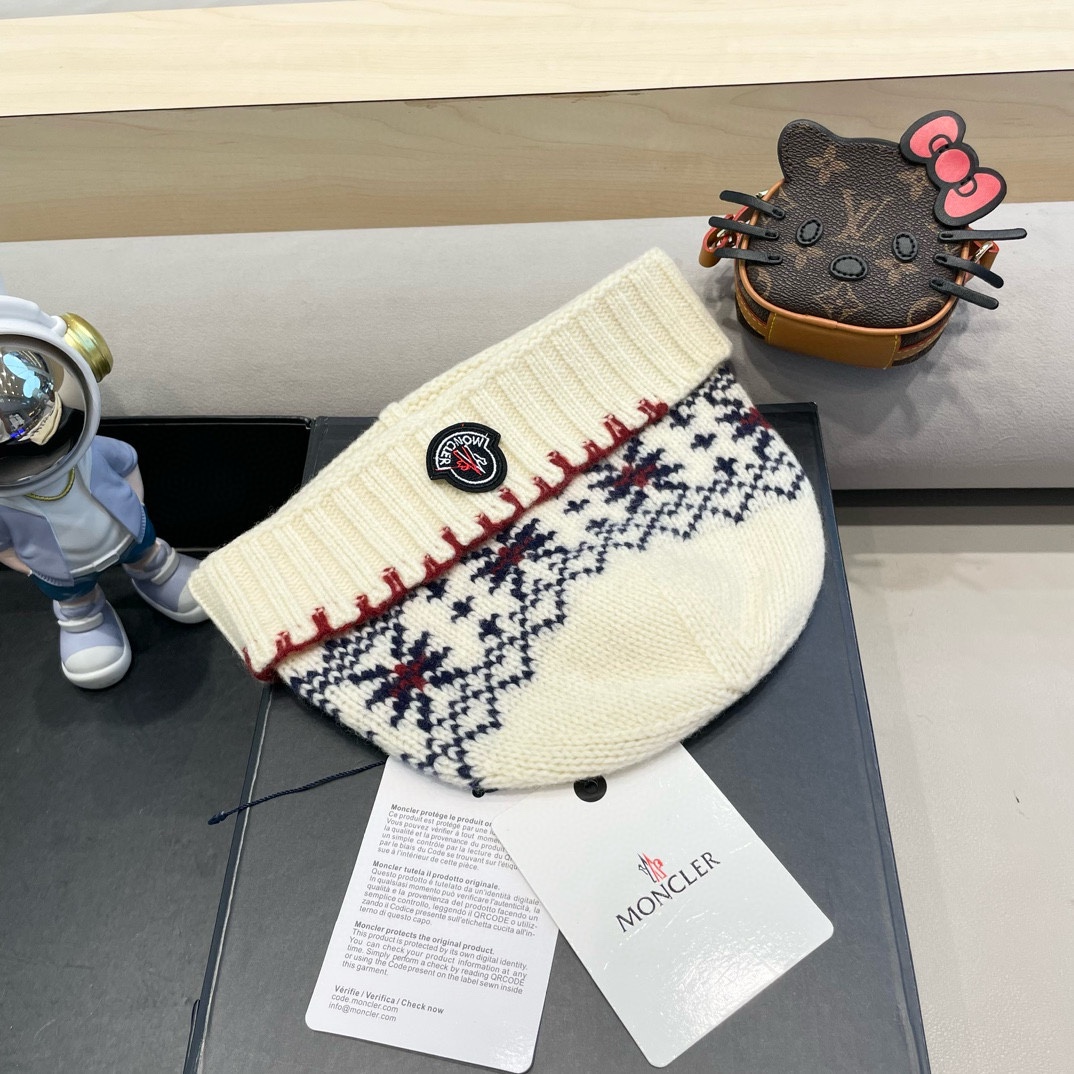   moncler2025新款提花毛线帽女秋冬保暖100%羊毛护耳大头围针织帽子显脸小