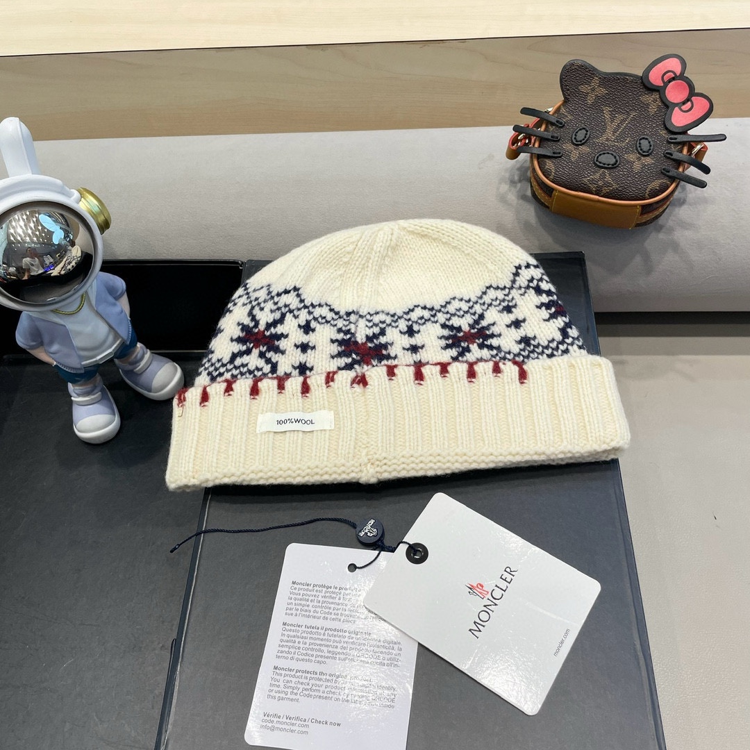  moncler2025新款提花毛线帽女秋冬保暖100%羊毛护耳大头围针织帽子显脸小