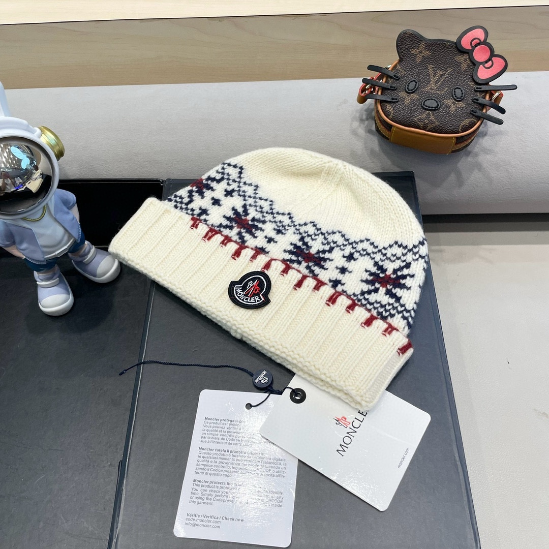   moncler2025新款提花毛线帽女秋冬保暖100%羊毛护耳大头围针织帽子显脸小