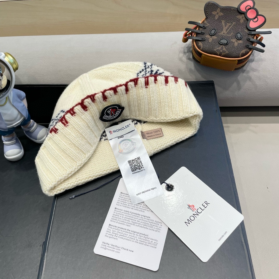   moncler2025新款提花毛线帽女秋冬保暖100%羊毛护耳大头围针织帽子显脸小