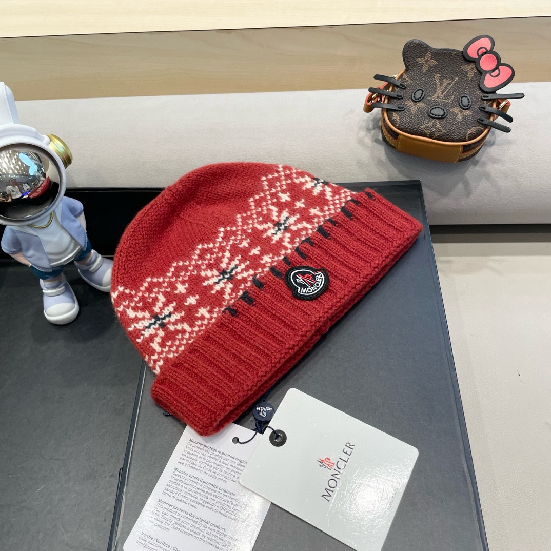   moncler2025新款提花毛线帽女秋冬保暖100%羊毛护耳大头围针织帽子显脸小