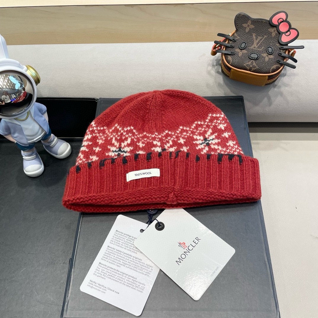   moncler2025新款提花毛线帽女秋冬保暖100%羊毛护耳大头围针织帽子显脸小