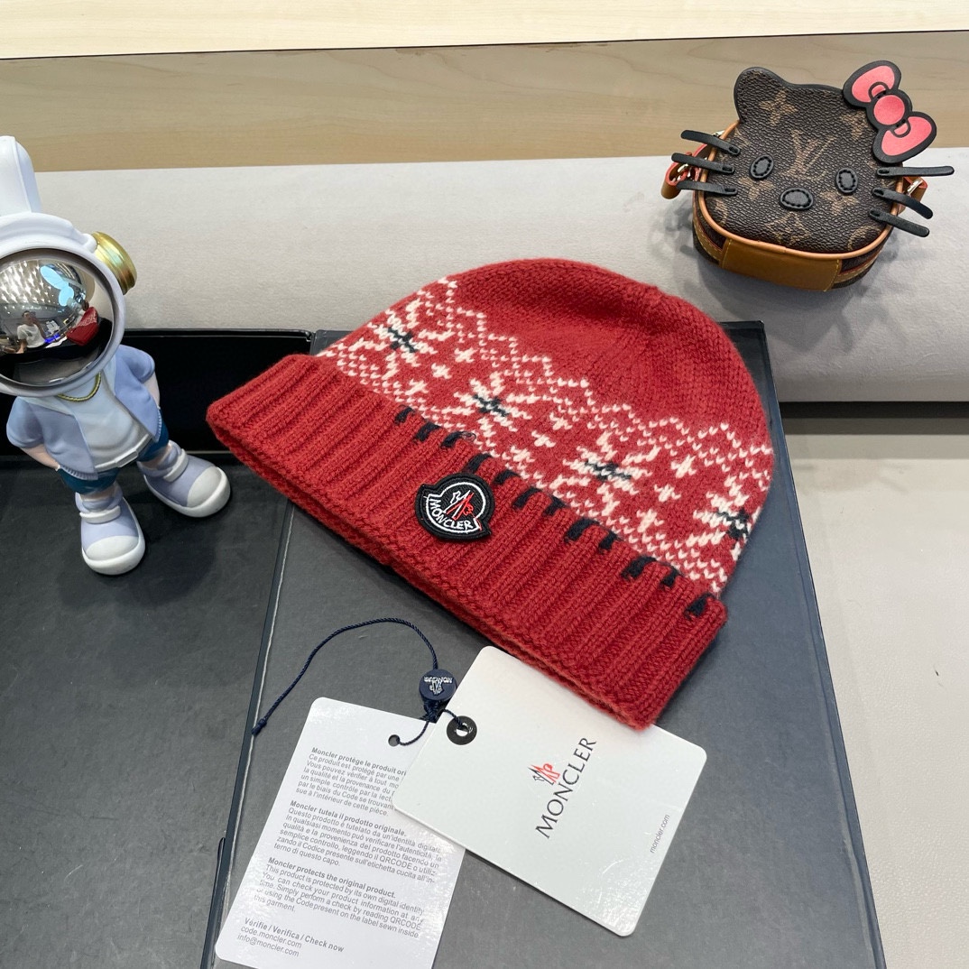  moncler2025新款提花毛线帽女秋冬保暖100%羊毛护耳大头围针织帽子显脸小