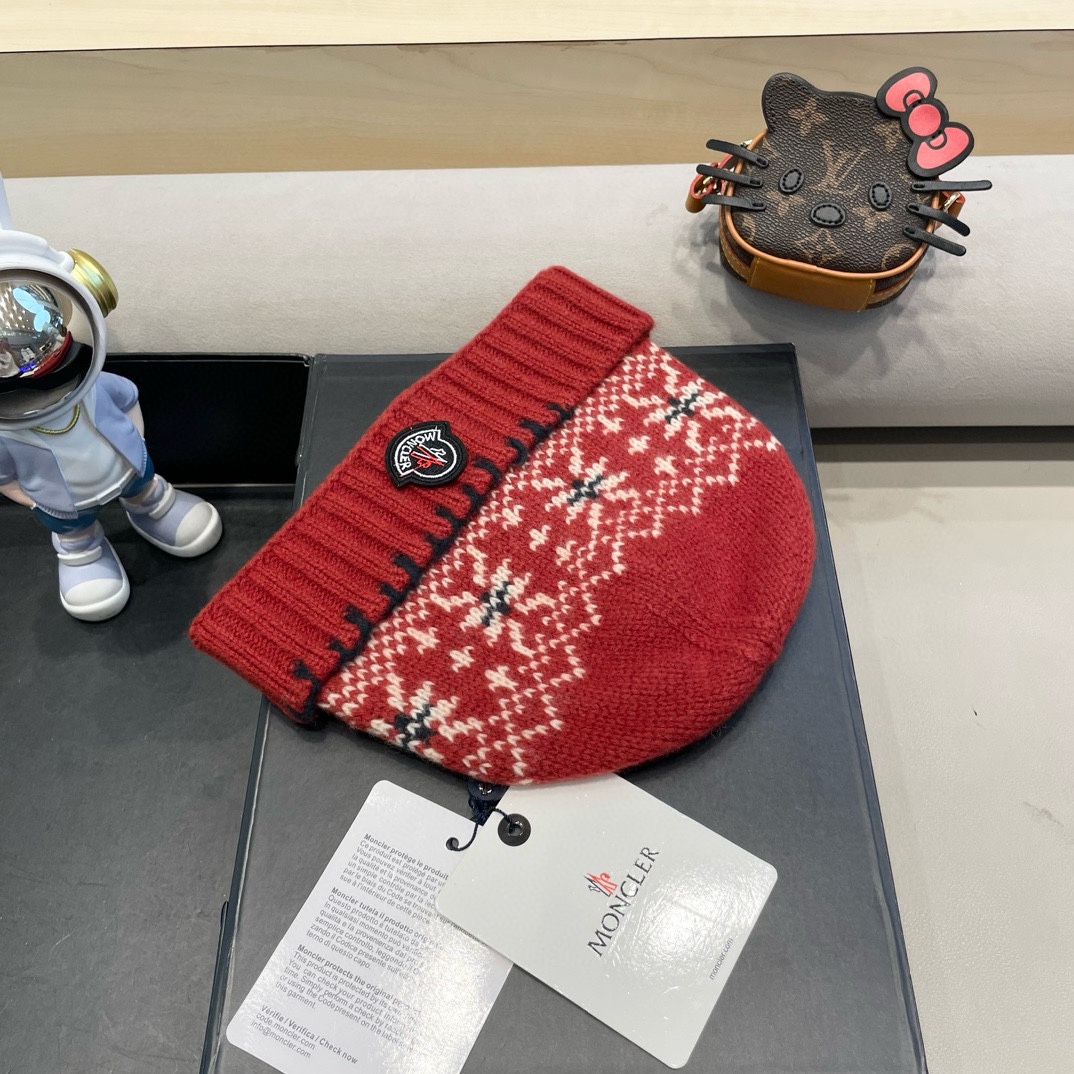   moncler2025新款提花毛线帽女秋冬保暖100%羊毛护耳大头围针织帽子显脸小