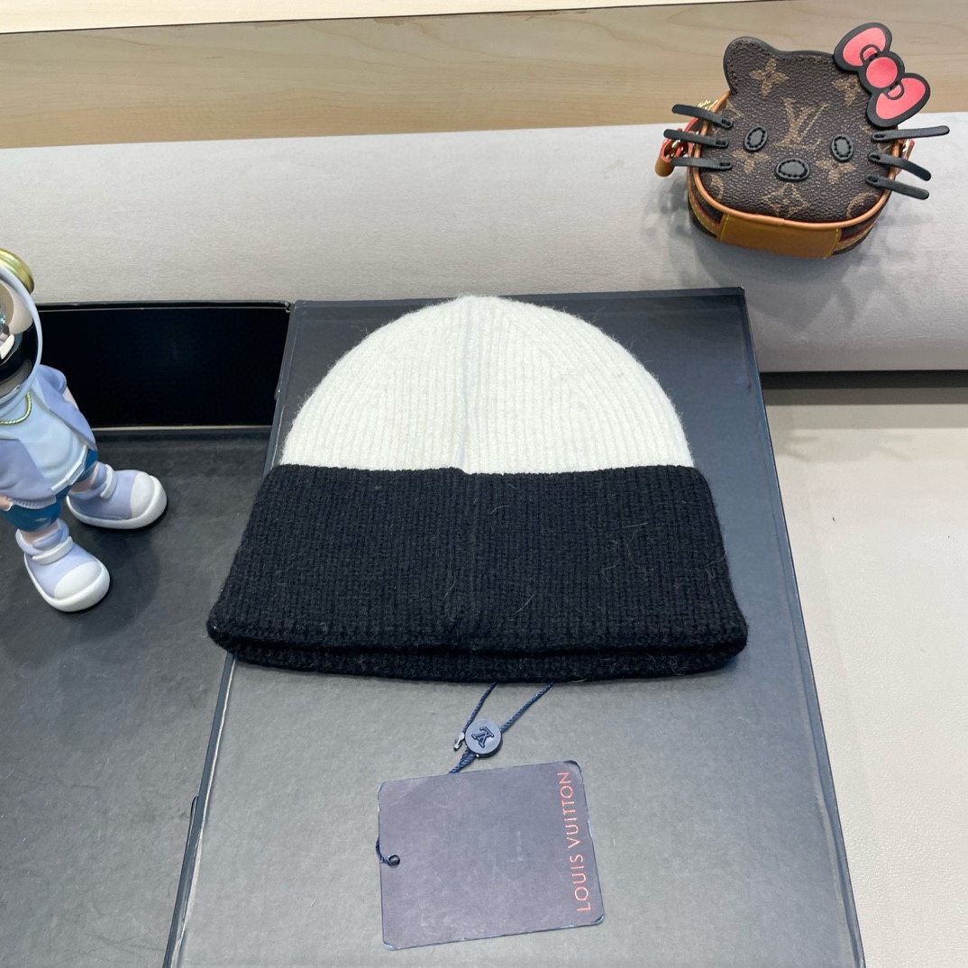  路易威登lv双拼色双层加厚保暖毛线帽子女冬韩版潮ins减龄显脸小情侣针织帽
