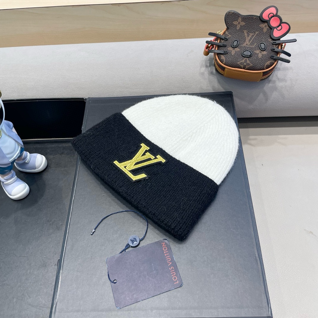  路易威登lv双拼色双层加厚保暖毛线帽子女冬韩版潮ins减龄显脸小情侣针织帽