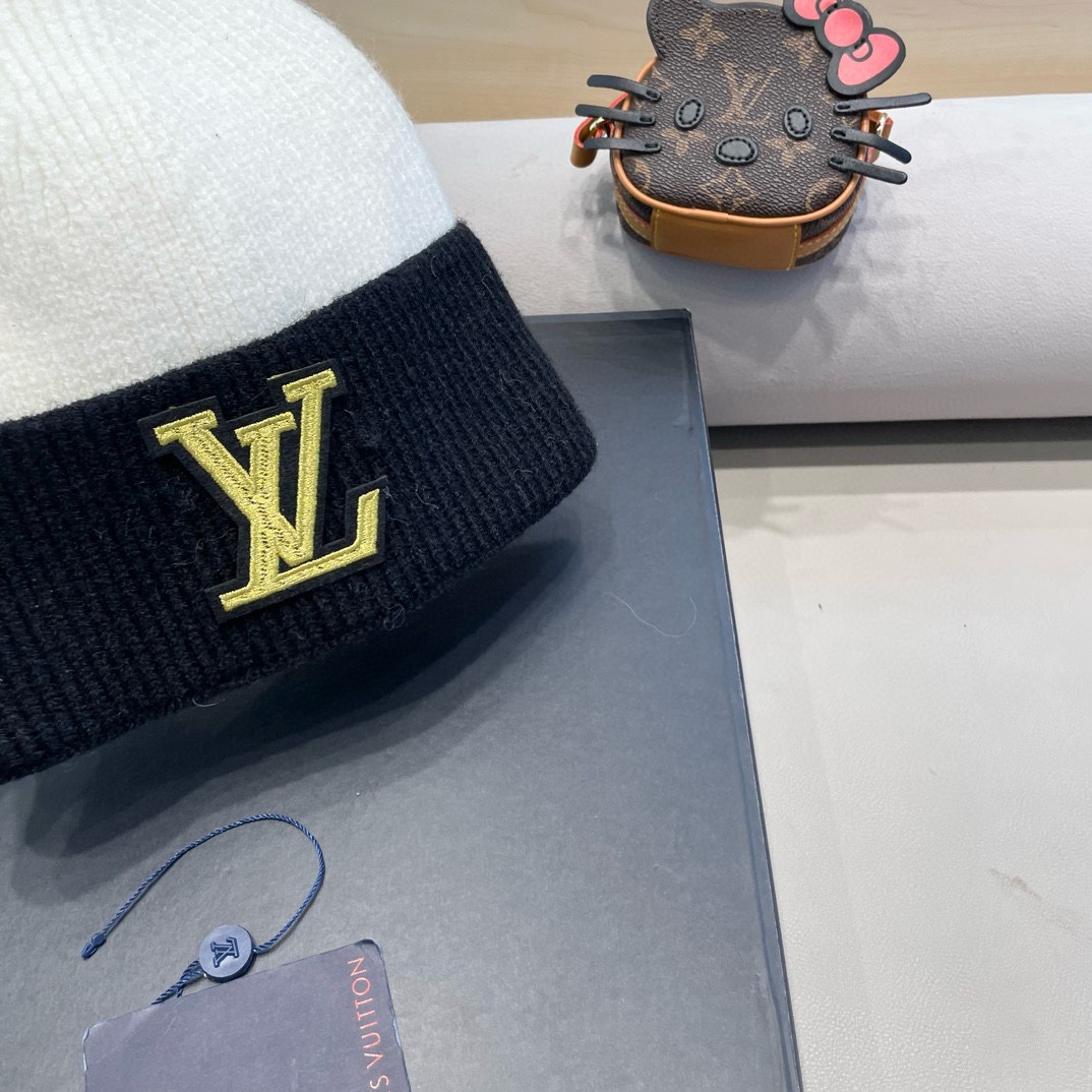 路易威登lv双拼色双层加厚保暖毛线帽子女冬韩版潮ins减龄显脸小情侣针织帽