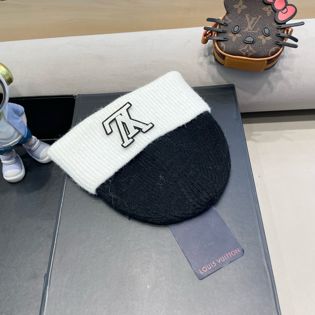  路易威登lv双拼色双层加厚保暖毛线帽子女冬韩版潮ins减龄显脸小情侣针织帽