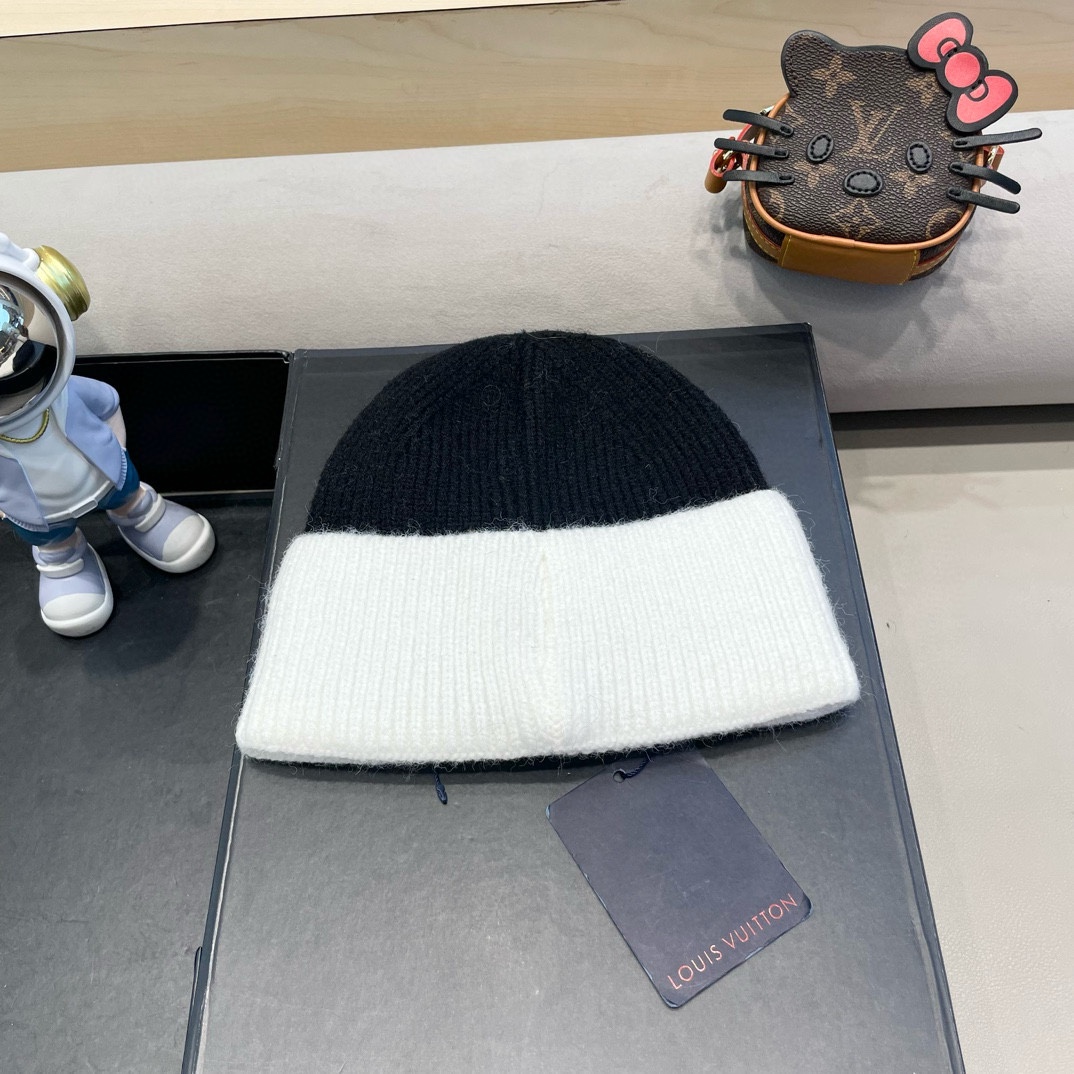  路易威登lv双拼色双层加厚保暖毛线帽子女冬韩版潮ins减龄显脸小情侣针织帽