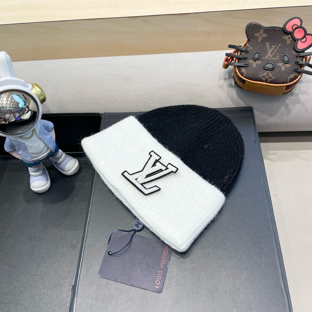  路易威登lv双拼色双层加厚保暖毛线帽子女冬韩版潮ins减龄显脸小情侣针织帽