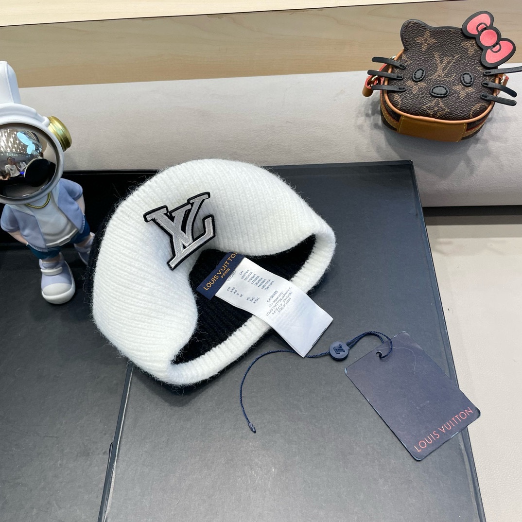  路易威登lv双拼色双层加厚保暖毛线帽子女冬韩版潮ins减龄显脸小情侣针织帽