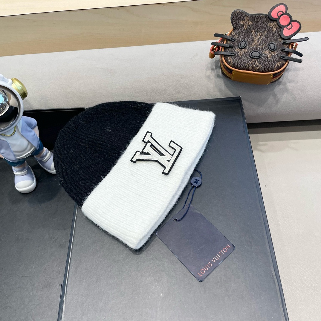  路易威登lv双拼色双层加厚保暖毛线帽子女冬韩版潮ins减龄显脸小情侣针织帽