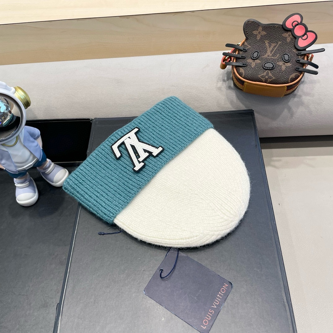  路易威登lv双拼色双层加厚保暖毛线帽子女冬韩版潮ins减龄显脸小情侣针织帽