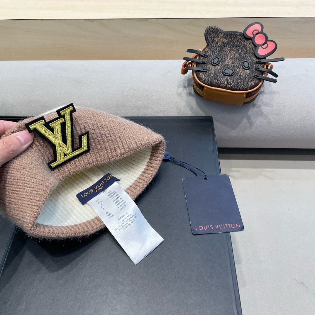  路易威登lv双拼色双层加厚保暖毛线帽子女冬韩版潮ins减龄显脸小情侣针织帽