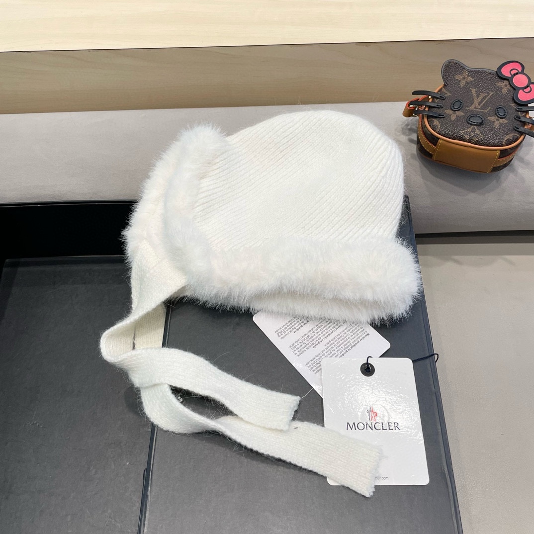 MONCLER蒙口🎩兔毛混纺加绒针织护耳帽女洋气冬季防寒保暖加厚雷锋帽毛线套头帽