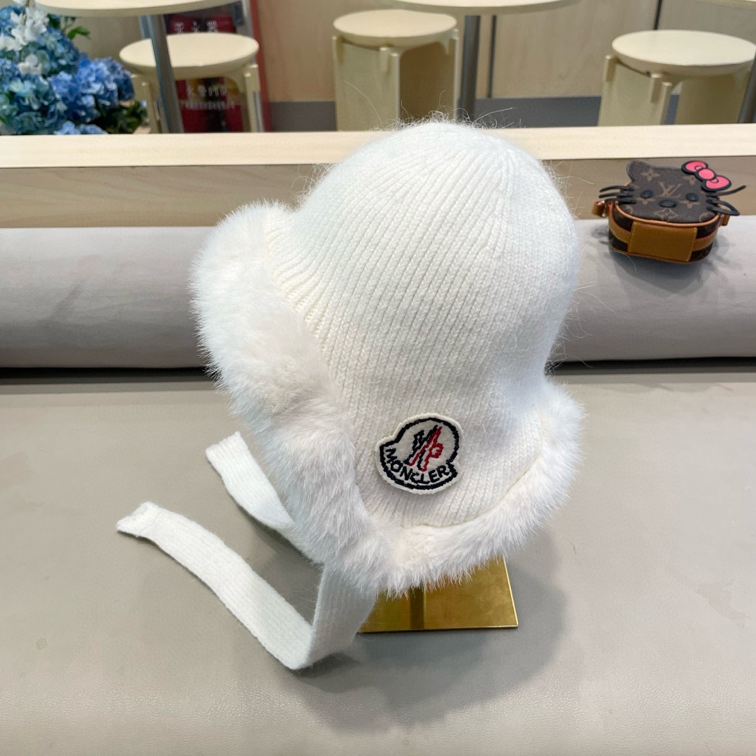 MONCLER蒙口🎩兔毛混纺加绒针织护耳帽女洋气冬季防寒保暖加厚雷锋帽毛线套头帽