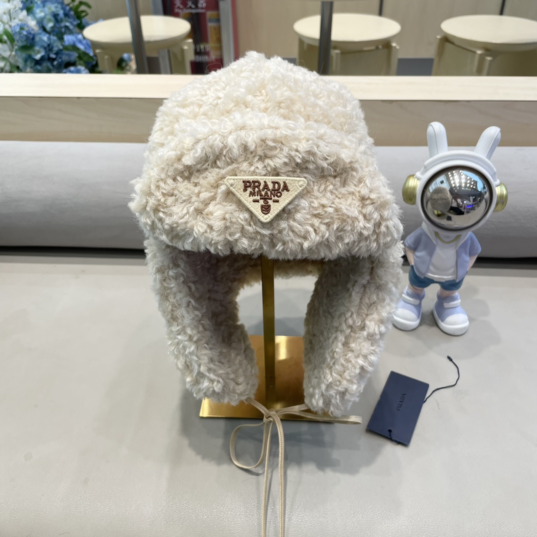  普拉达Prada羊羔毛护耳帽子雷锋帽保暖飞行帽子女秋冬高级感2024新款滑雪帽潮