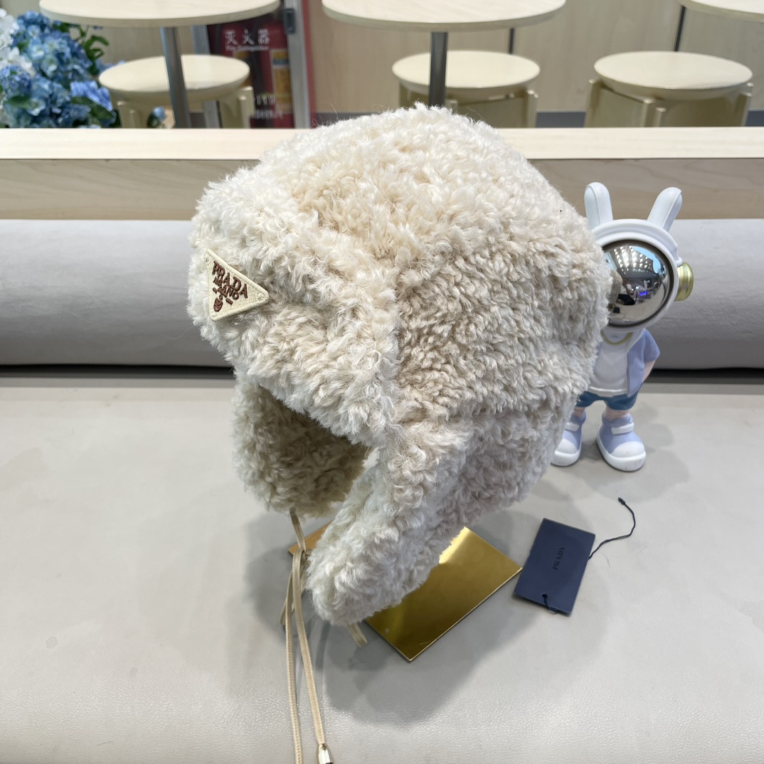  普拉达Prada羊羔毛护耳帽子雷锋帽保暖飞行帽子女秋冬高级感2024新款滑雪帽潮