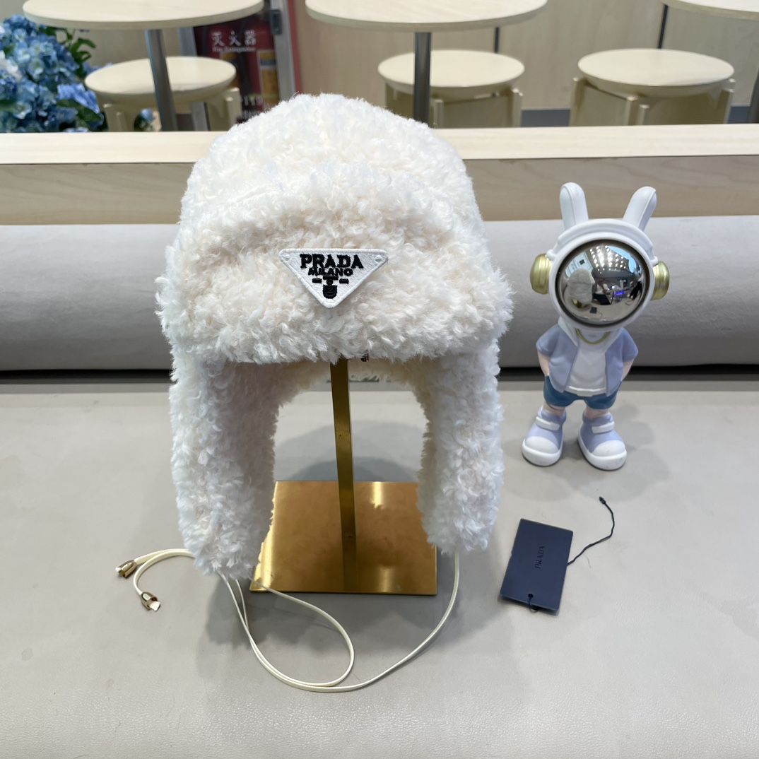  普拉达Prada羊羔毛护耳帽子雷锋帽保暖飞行帽子女秋冬高级感2024新款滑雪帽潮