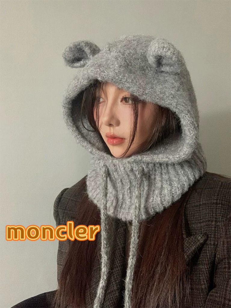 moncler可爱兔耳朵巴拉克拉法帽女2024年秋冬季灰色帽子保暖护耳毛线帽潮