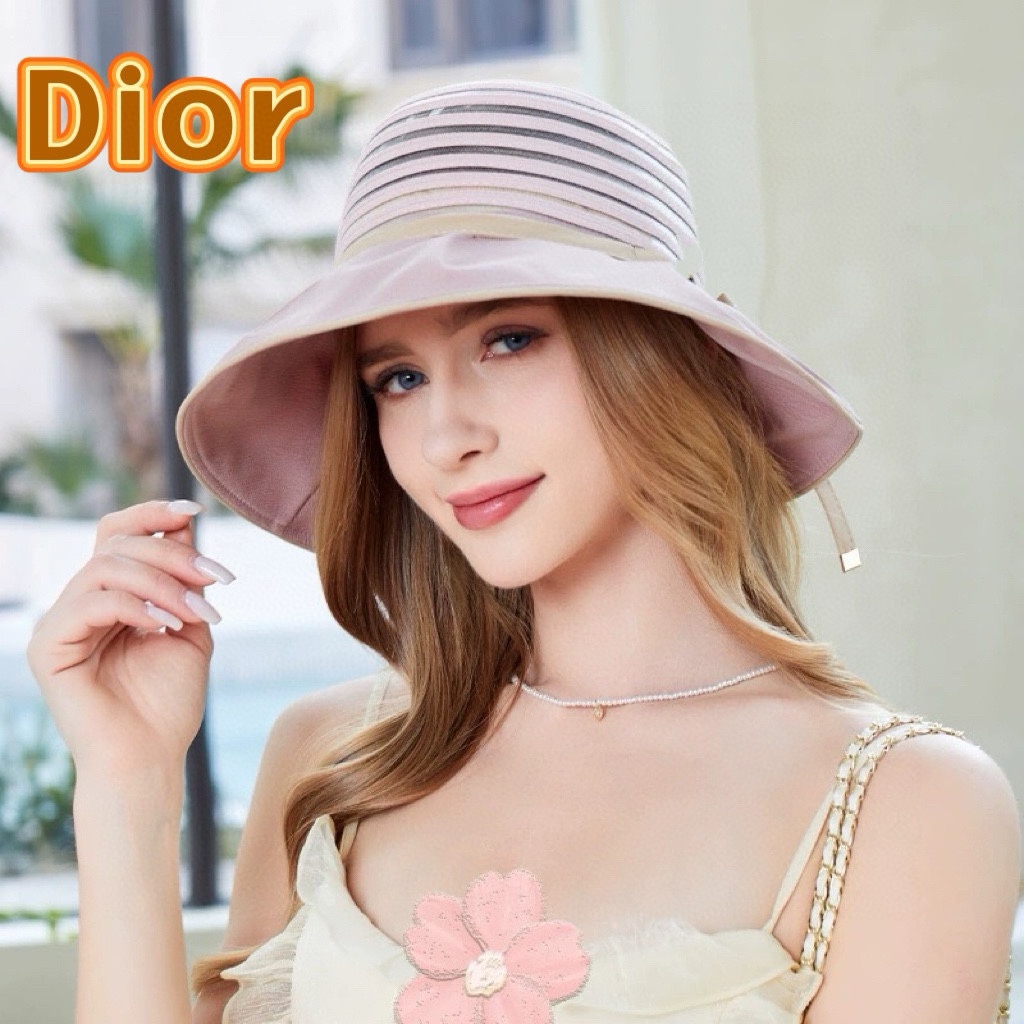   Dior跨境热采帽子女欧美时尚条纹渔夫帽大帽檐遮阳帽外贸防晒太阳帽夏