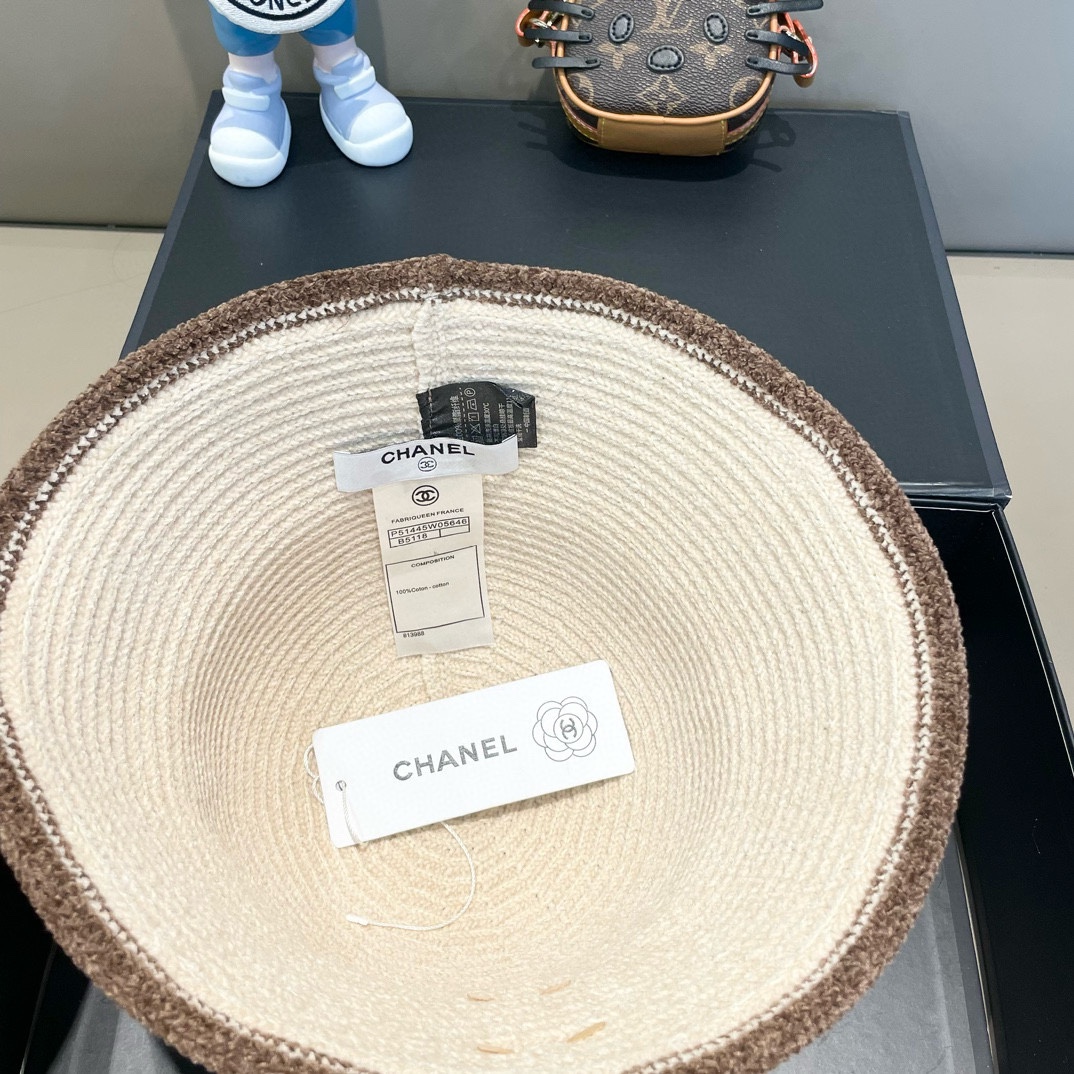 Chanel香奈儿渔夫帽女显脸小毛线盆帽秋冬大头围素颜遮脸针织拼色水桶帽子