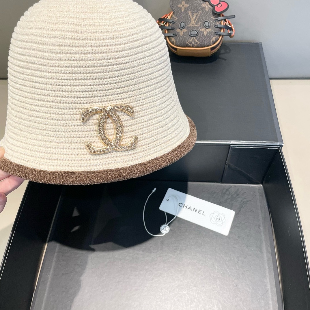Chanel香奈儿渔夫帽女显脸小毛线盆帽秋冬大头围素颜遮脸针织拼色水桶帽子