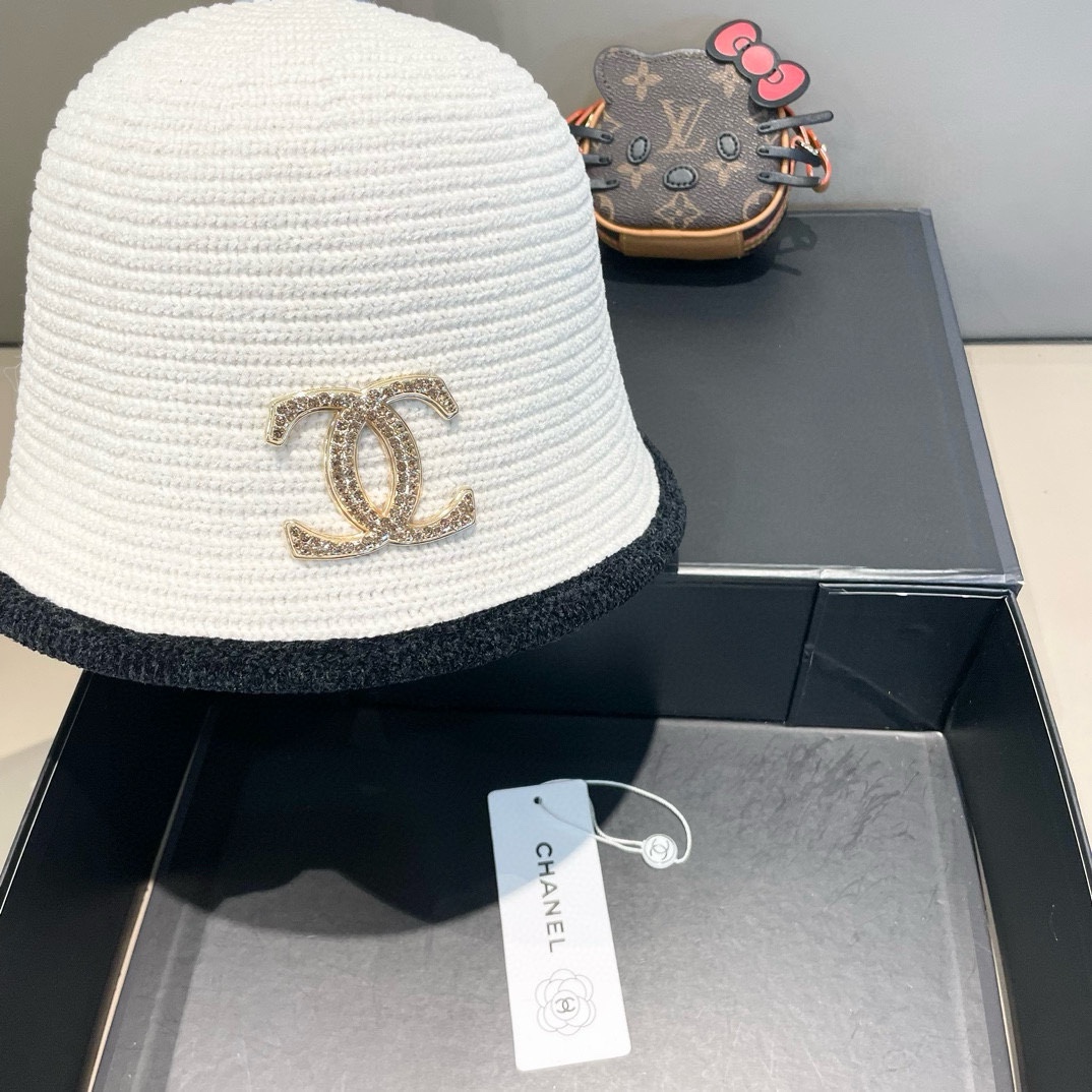 Chanel香奈儿渔夫帽女显脸小毛线盆帽秋冬大头围素颜遮脸针织拼色水桶帽子