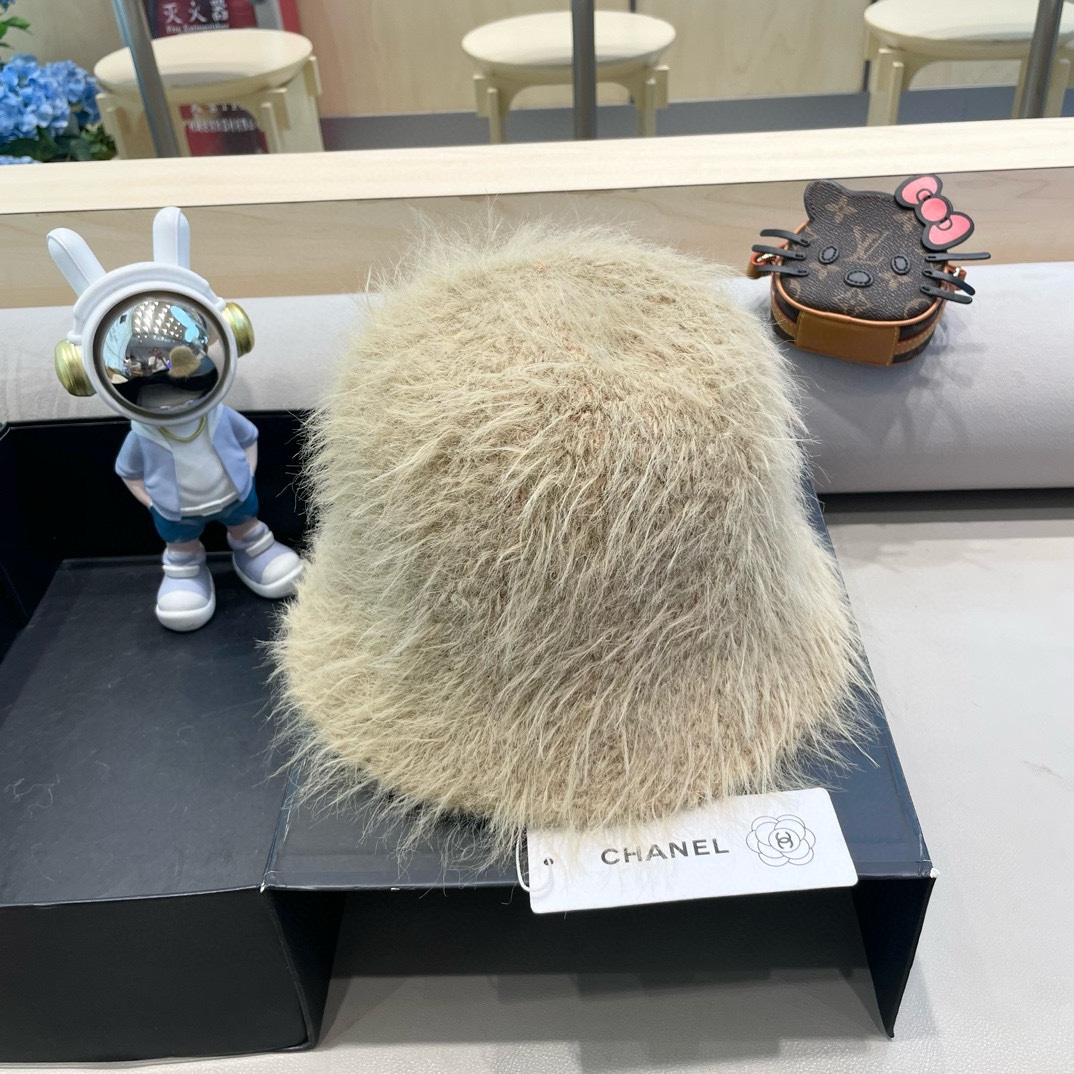 Chanel毛绒水桶帽子女冬天日系甜美显脸小渔夫帽美拉德保暖护耳百搭盆帽