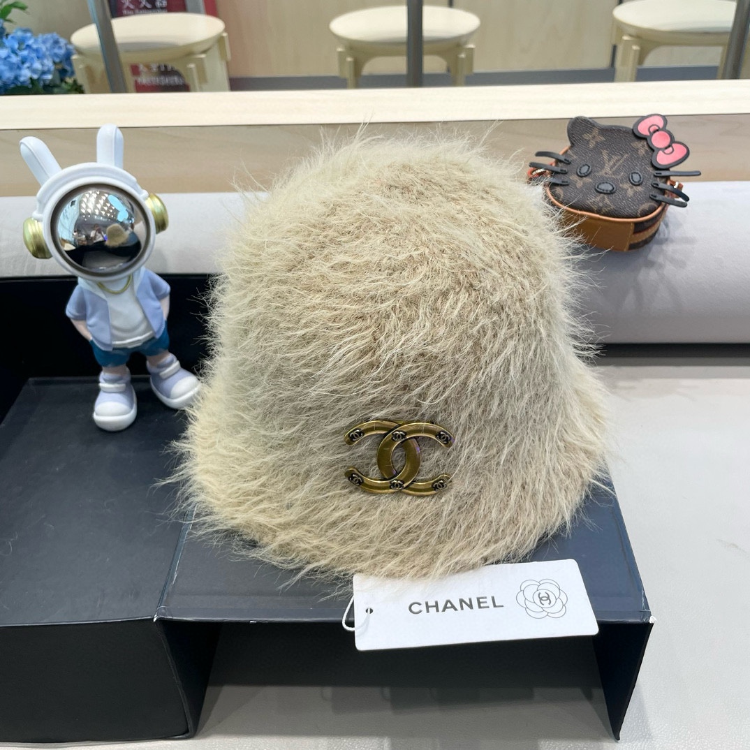 Chanel毛绒水桶帽子女冬天日系甜美显脸小渔夫帽美拉德保暖护耳百搭盆帽