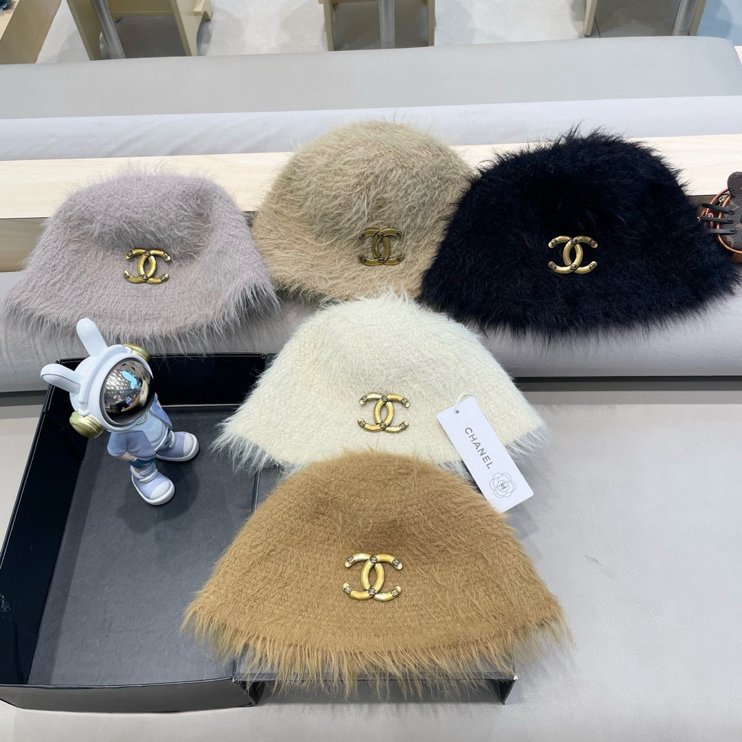 Chanel毛绒水桶帽子女冬天日系甜美显脸小渔夫帽美拉德保暖护耳百搭盆帽