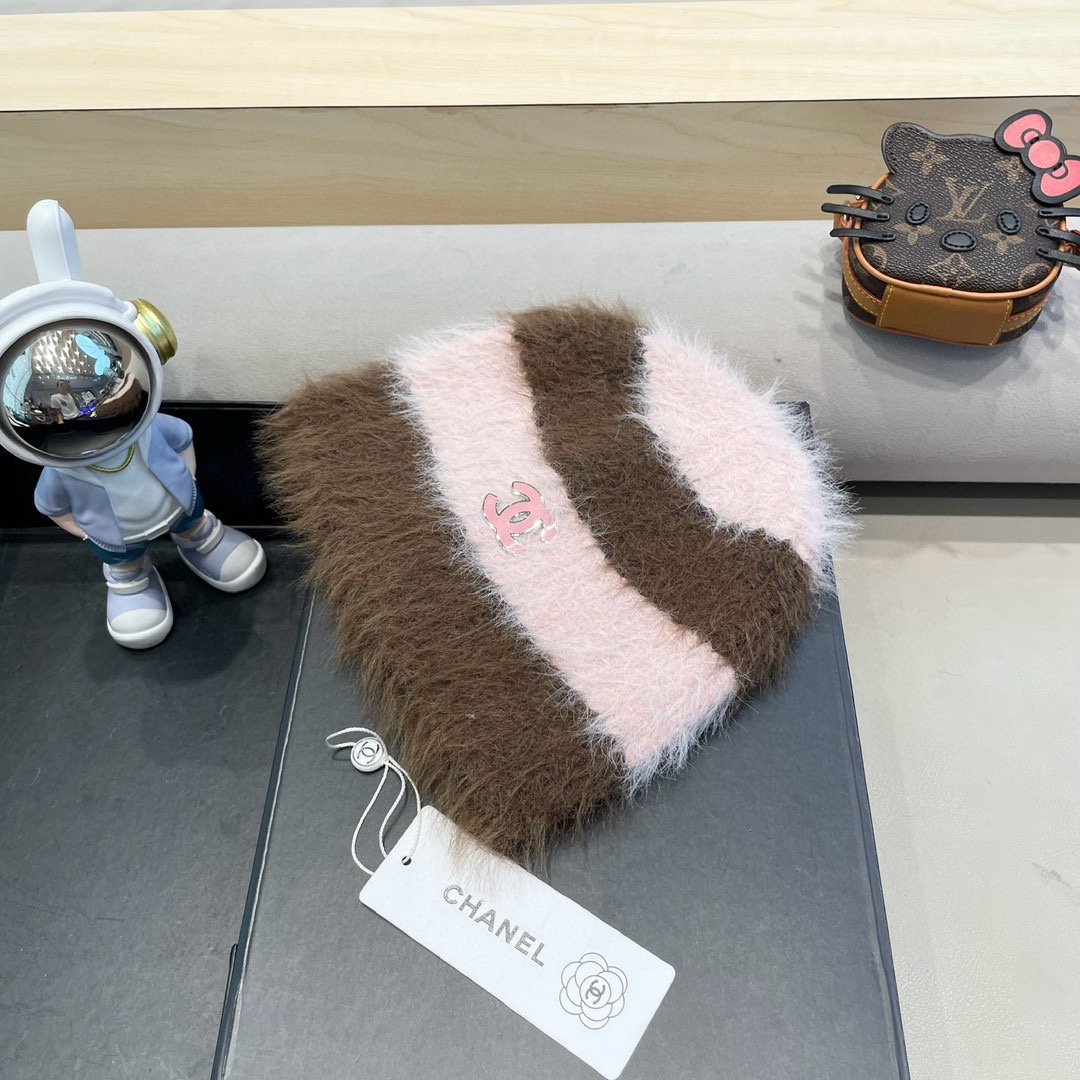 Chanel大版型彩色针织帽女秋冬保暖日系小众手工编织多巴胺毛绒护耳帽潮