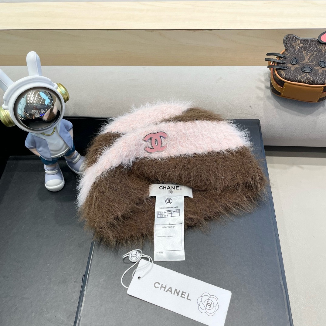 Chanel大版型彩色针织帽女秋冬保暖日系小众手工编织多巴胺毛绒护耳帽潮